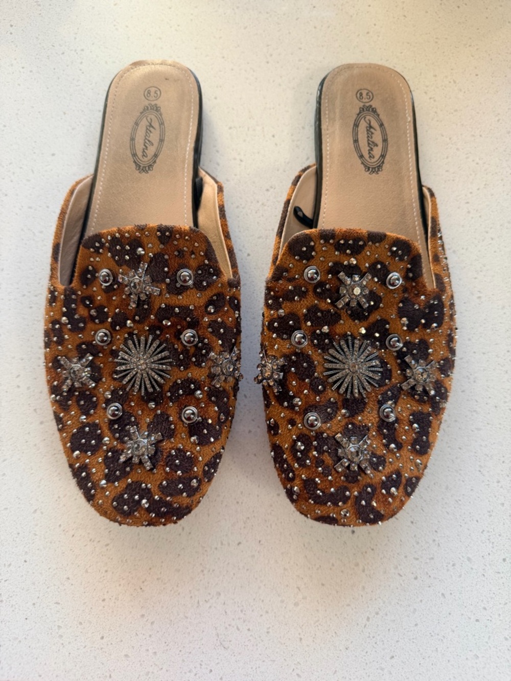 Catalina Leopard Beaded Embellished Slip-On Mules - Brown